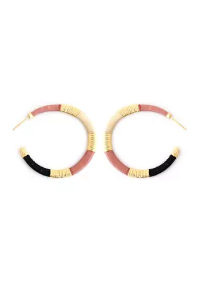 Gold Tone Pink and Black Wrapped Hoop Earrings