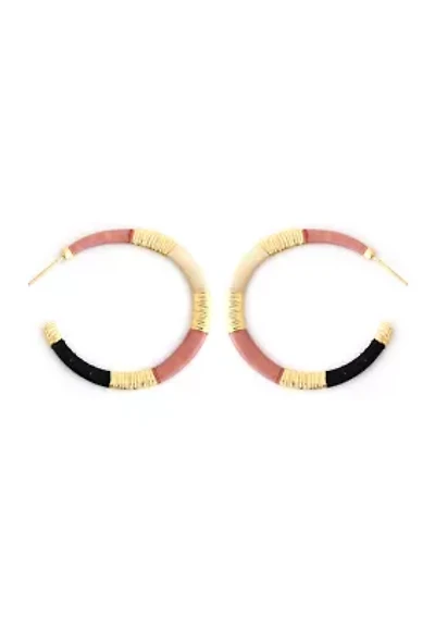 Gold Tone Pink and Black Wrapped Hoop Earrings