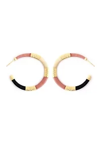 Gold Tone Pink and Black Wrapped Hoop Earrings