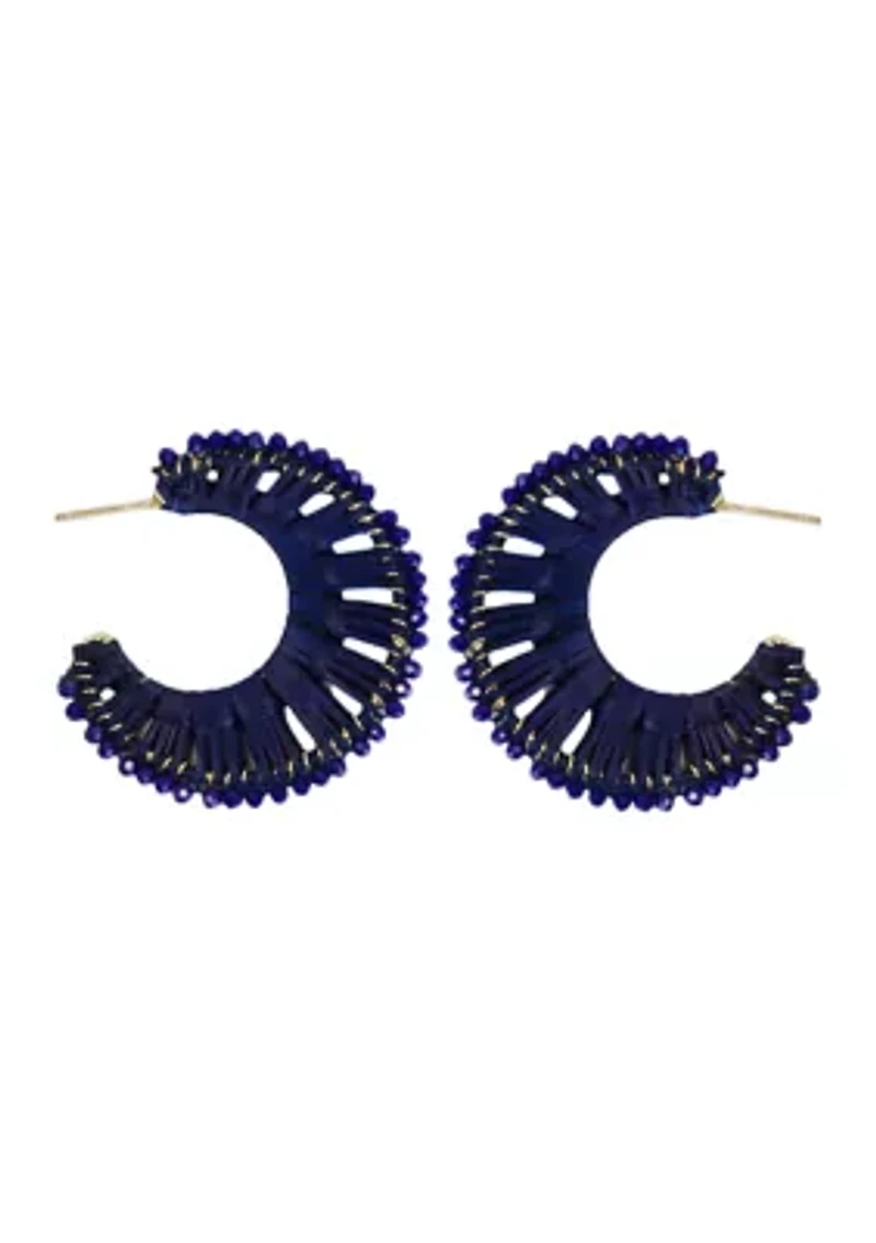 Gold Plated Navy Raffia Crystal Lined Hoop Earrings