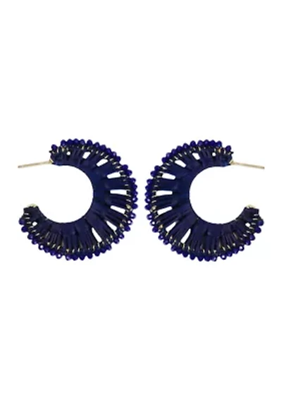 Gold Plated Navy Raffia Crystal Lined Hoop Earrings