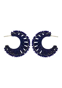 Gold Plated Navy Raffia Crystal Lined Hoop Earrings