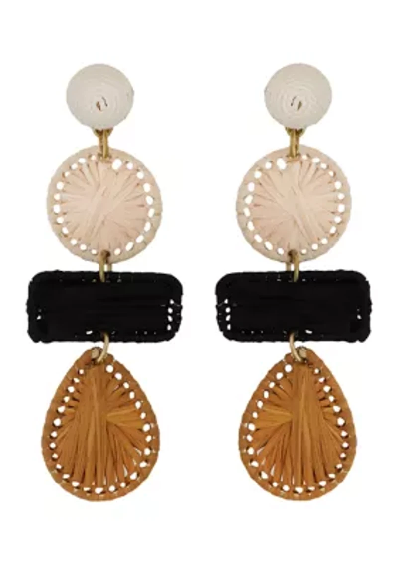 Gold Tone Ivory, Brown and Black Raffia Shape Earrings