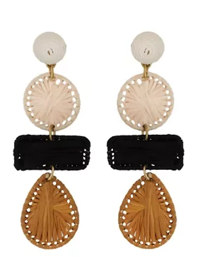 Gold Tone Ivory, Brown and Black Raffia Shape Earrings