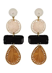 Gold Tone Ivory, Brown and Black Raffia Shape Earrings