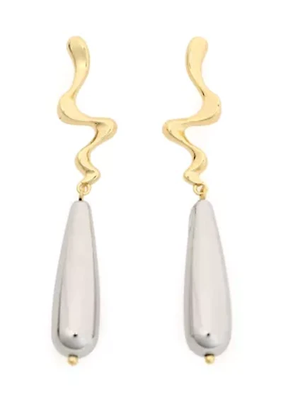 Two Tone Plated Squiggle Teardrop Linear Earrings
