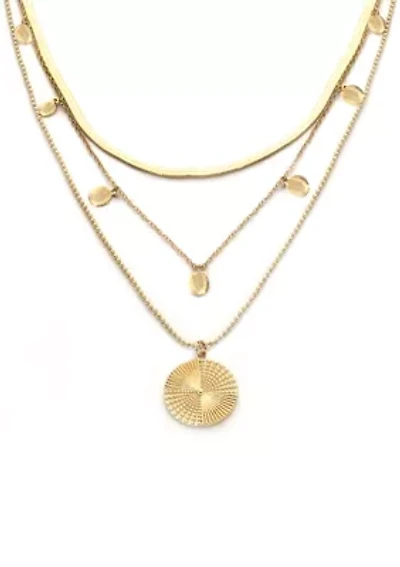 Gold Plated Three Row Disk Pendant Necklace