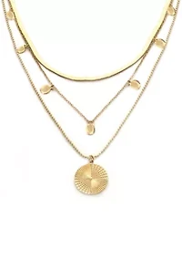 Gold Plated Three Row Disk Pendant Necklace