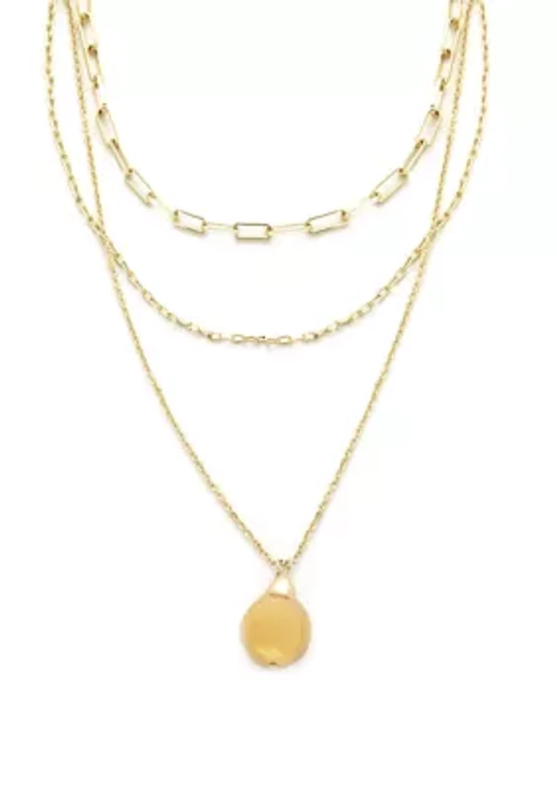 Three Row Gold Organic Teardrop Pendant Necklace
