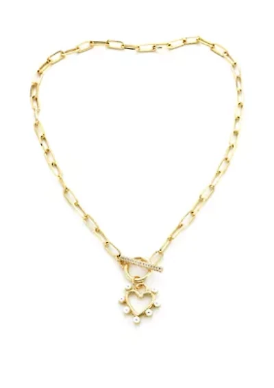 Gold Plated Pearl Heart Toggle Necklace