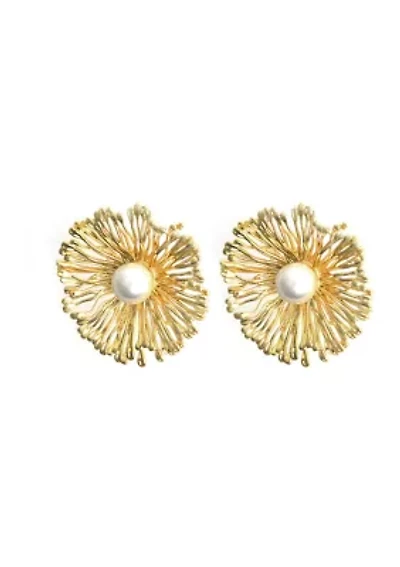 Gold Plated Pearl Center Flower Earrings