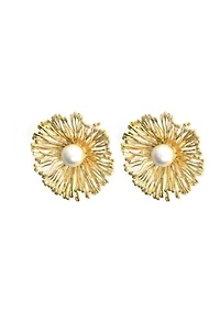 Gold Plated Pearl Center Flower Earrings