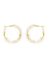 Gold Plated Pearl Lined Lever Back Hoop Earrings