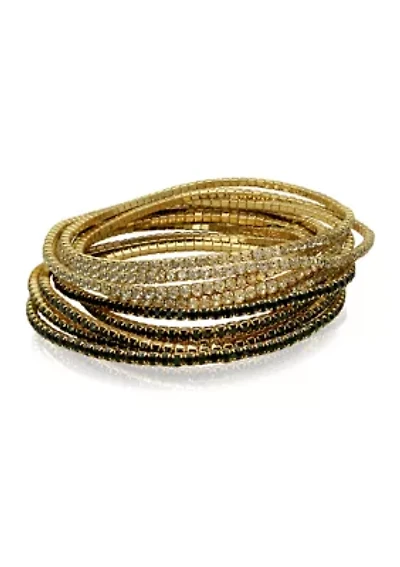 Gold Tone and Crystal Stretch Bracelets - Set of 10