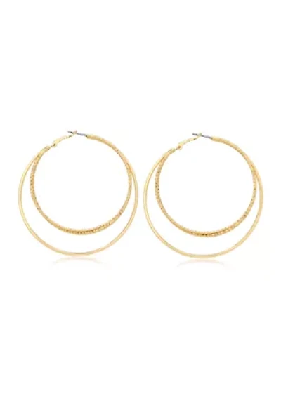Gold Tone Textured and Polished Orbital Hoop Earrings