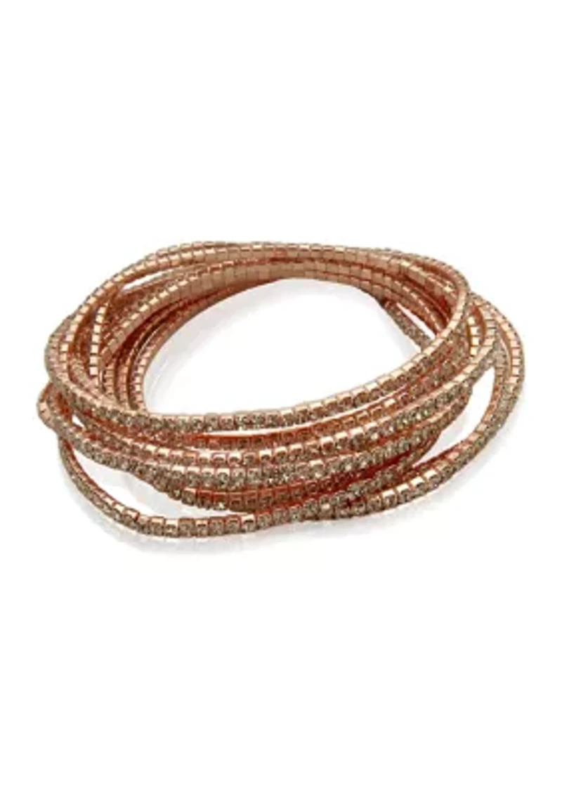 Rose Gold Tone and Crystal Stretch Bracelets - Set of 10