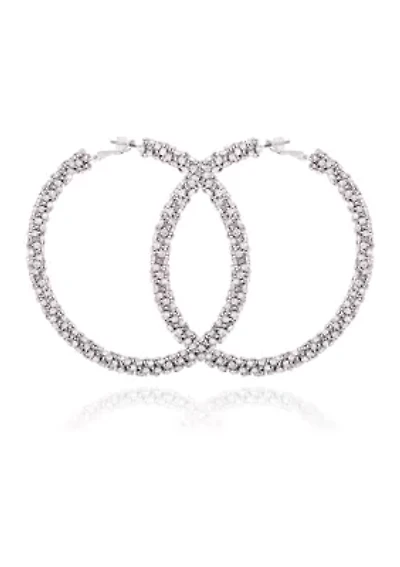 Silver Tone and Crystal Hoop Earrings