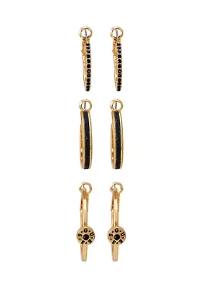 Gold Tone Onyx Hoop Earrings Set