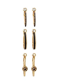 Gold Tone Onyx Hoop Earrings Set