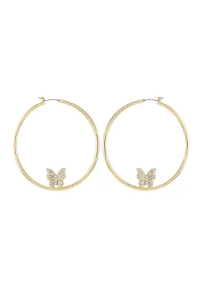 Gold Tone Crystal Butterfly Hoop Earrings
