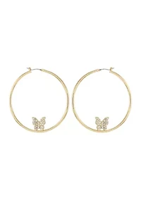 Gold Tone Crystal Butterfly Hoop Earrings