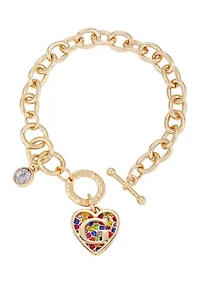 Gold Tone Multi Stone Heart Charm Toggle Bracelet