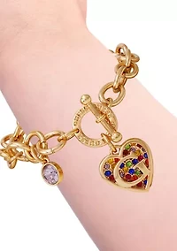 Gold Tone Multi Stone Heart Charm Toggle Bracelet