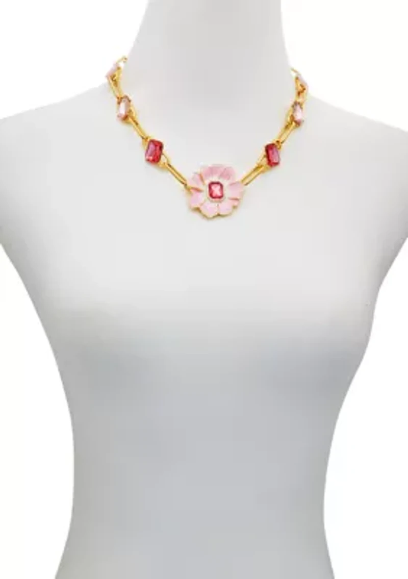 Gold Tone Statement Flower Pendant Necklace