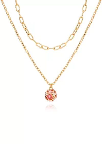 Gold Tone Multi Strand Pink Floral Pendant Necklace