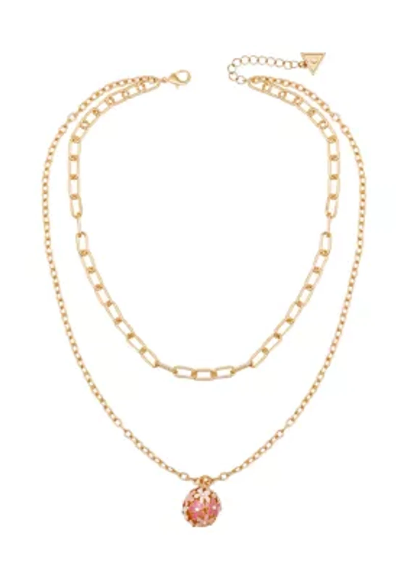 Gold Tone Multi Strand Pink Floral Pendant Necklace