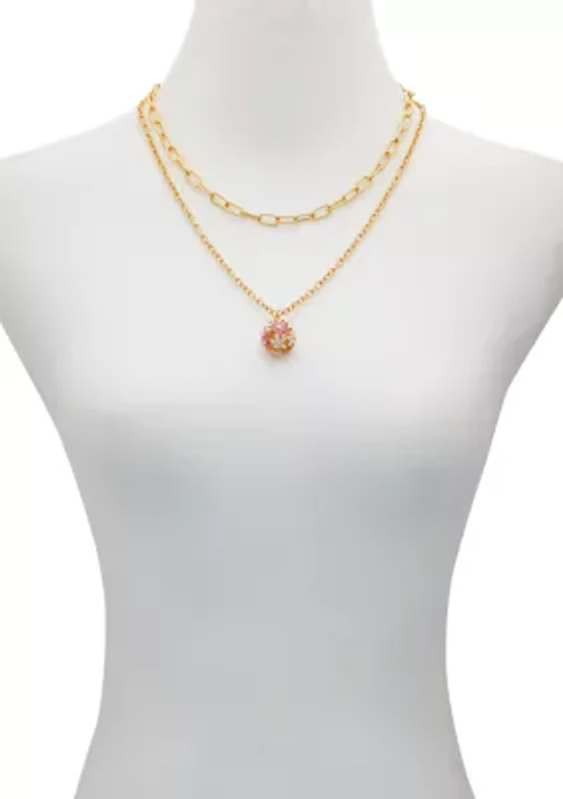 Gold Tone Multi Strand Pink Floral Pendant Necklace