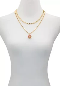 Gold Tone Multi Strand Pink Floral Pendant Necklace
