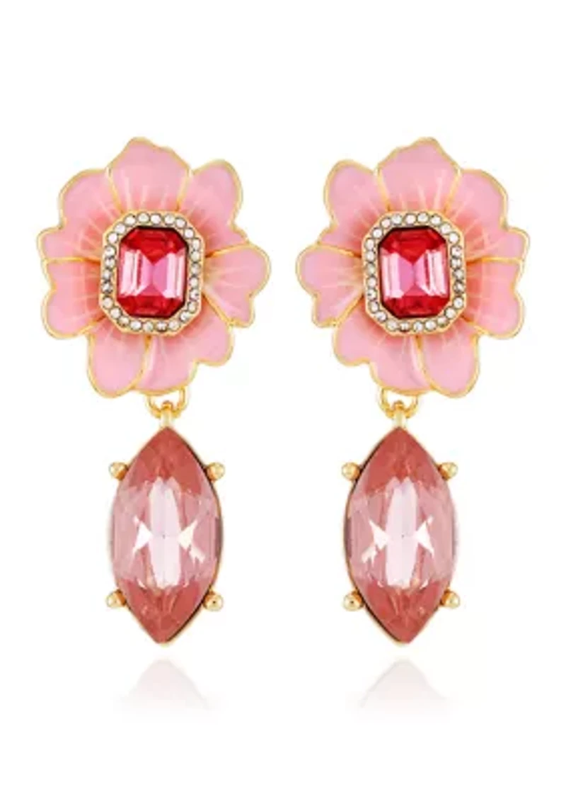 Gold Tone Pink Flower Drop Earrings