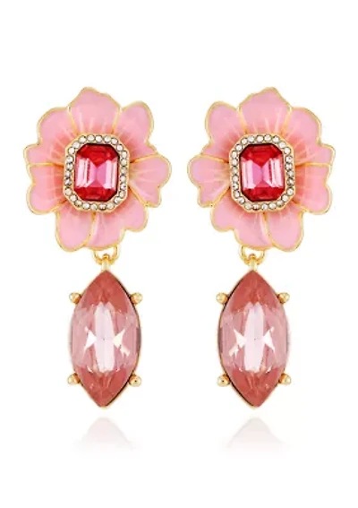 Gold Tone Pink Flower Drop Earrings