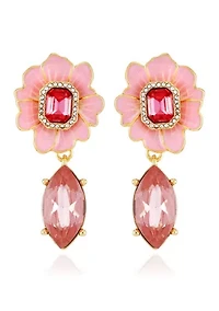 Gold Tone Pink Flower Drop Earrings