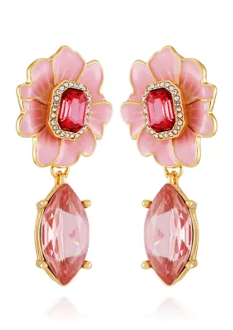 Gold Tone Pink Flower Drop Earrings