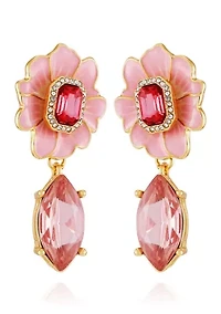 Gold Tone Pink Flower Drop Earrings