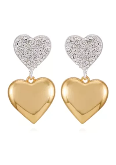 Two Tone Crystal Heart Drop Earrings