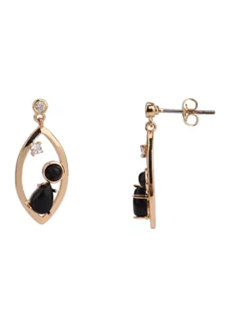 Teardrop Earrings with Black Agate Stones in Gold Tone Plated Silver