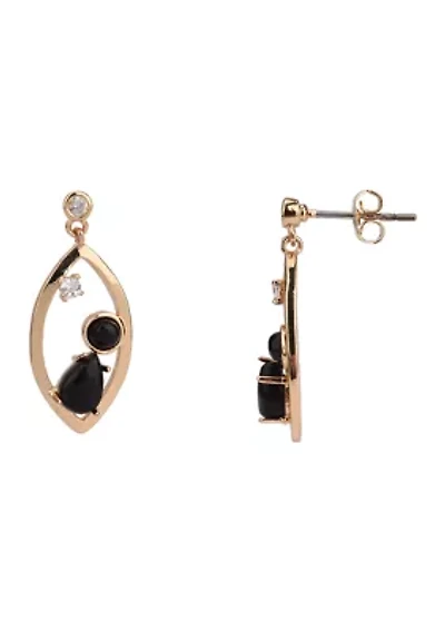 Teardrop Earrings with Black Agate Stones in Gold Tone Plated Silver