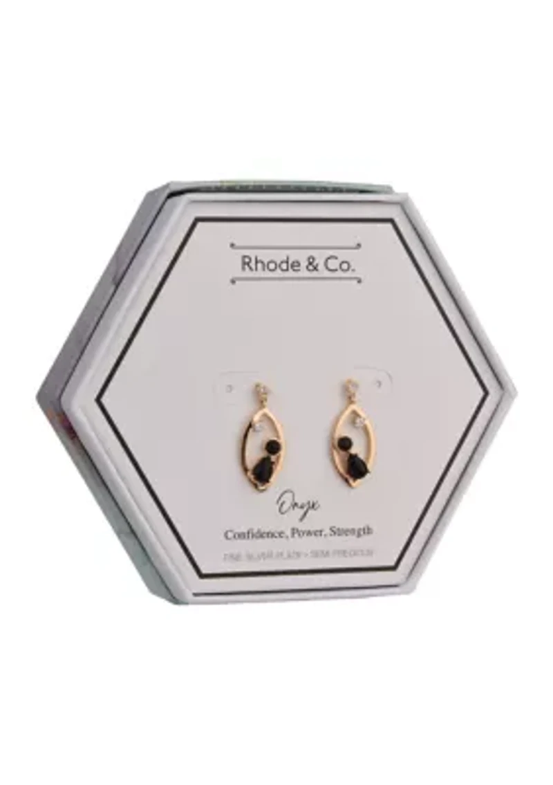 Teardrop Earrings with Black Agate Stones in Gold Tone Plated Silver