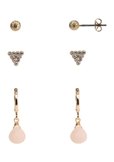 Gold Tone Fine Silver Plated Trio Earring Set with Rose Quartz Stone