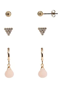 Gold Tone Fine Silver Plated Trio Earring Set with Rose Quartz Stone