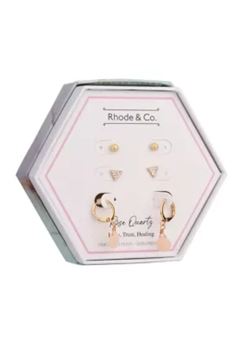 Gold Tone Fine Silver Plated Trio Earring Set with Rose Quartz Stone