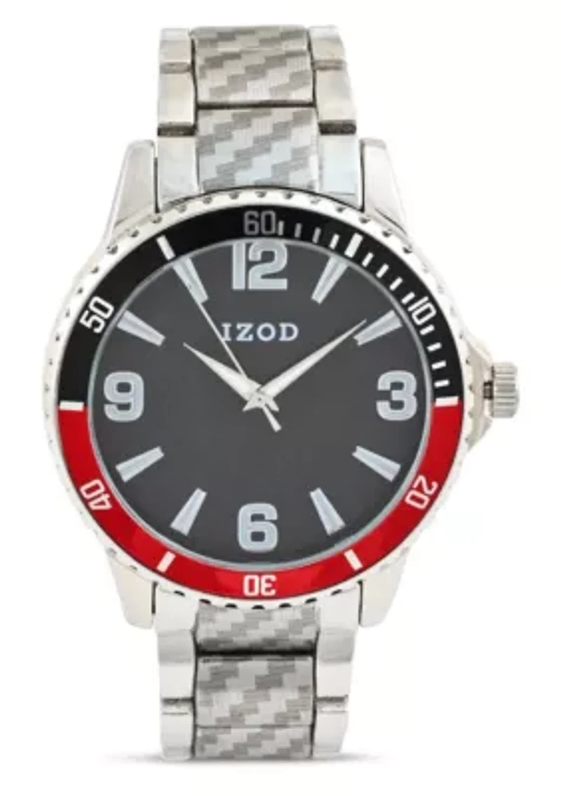 IZOD Adult Mens Analog Watch w Black/Red Case in Silvertone Bracelet Model# IZO50040