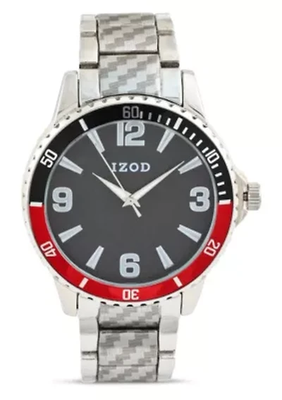 IZOD Adult Mens Analog Watch w Black/Red Case in Silvertone Bracelet Model# IZO50040