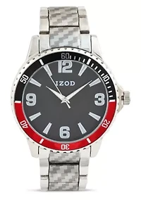 IZOD Adult Mens Analog Watch w Black/Red Case in Silvertone Bracelet Model# IZO50040