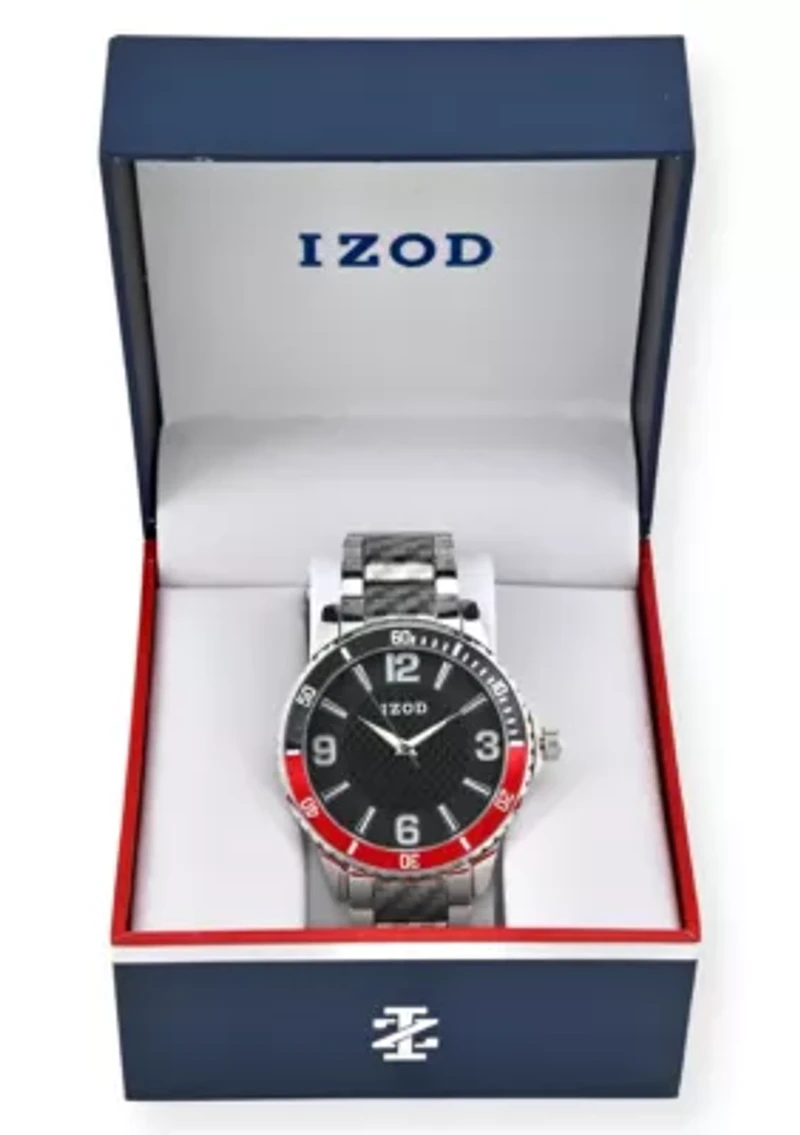 IZOD Adult Mens Analog Watch w Black/Red Case in Silvertone Bracelet Model# IZO50040