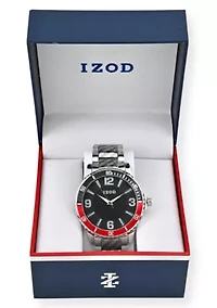 IZOD Adult Mens Analog Watch w Black/Red Case in Silvertone Bracelet Model# IZO50040