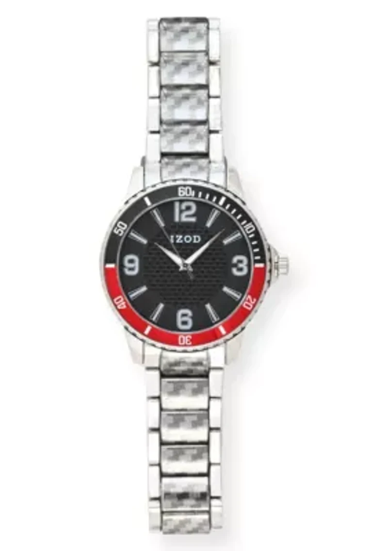 IZOD Adult Mens Analog Watch w Black/Red Case in Silvertone Bracelet Model# IZO50040